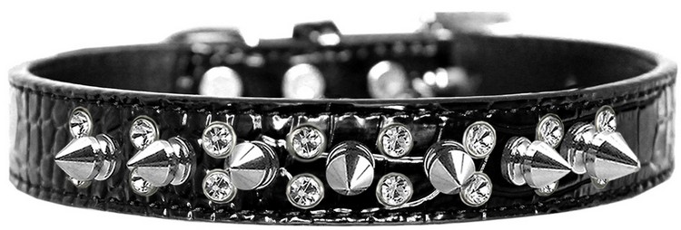 Double Crystal and Spike Croc Dog Collar Black Size 20